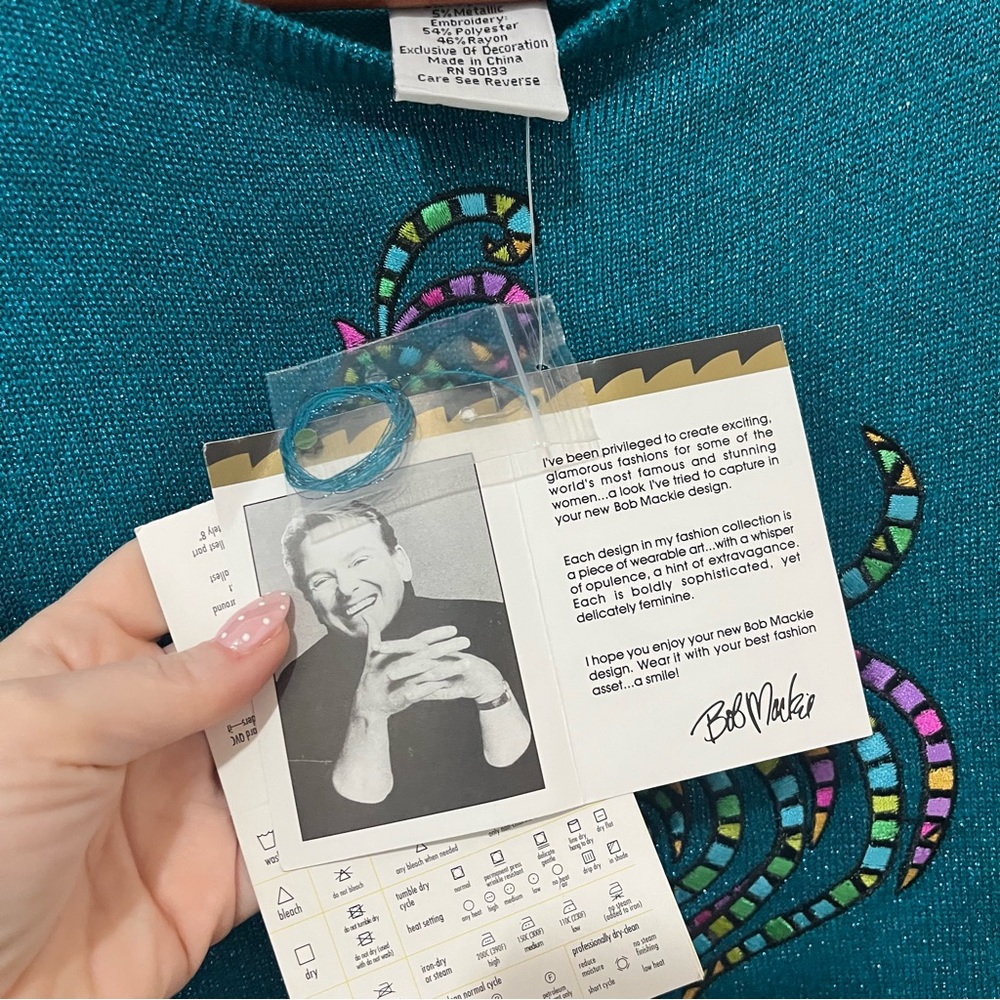Bob Mackie Wearable Art Teal Metallic Shimmering Sweater Peacock Embroidered SM - Picture 7 of 8